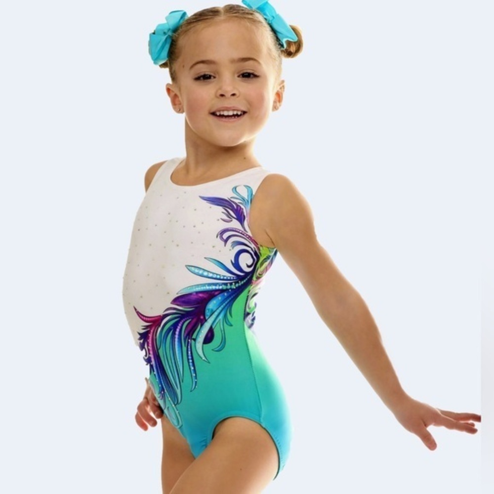 NWT Girls Teal White Cymnastic Leotard with Asymmetrical Ombre Design Size XS